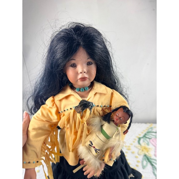 Native American Porcelain Doll with Baby & Accessories Collectible Decor - Picture 6 of 12